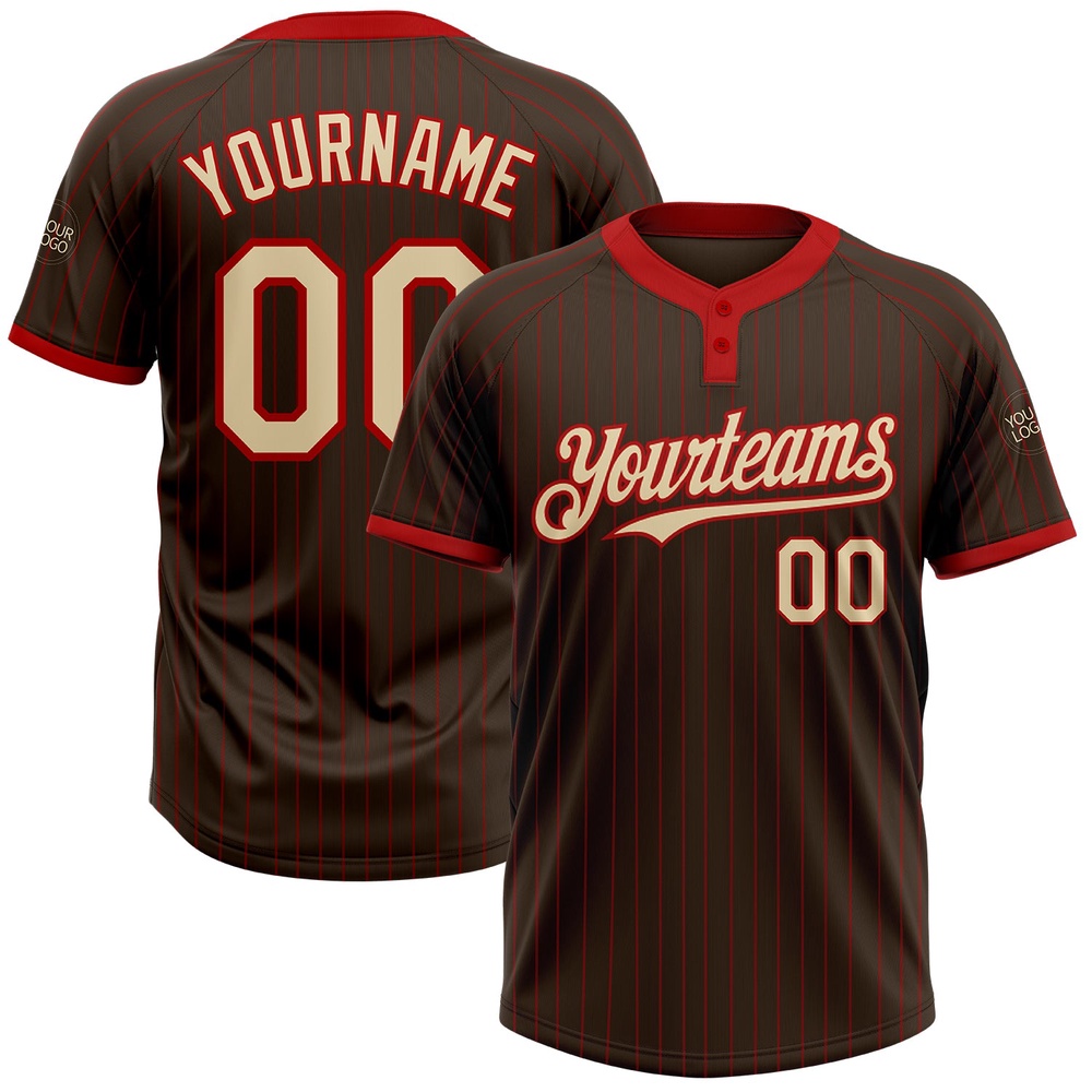 Brown Red Pinstripe Cream Two Button Unisex Softball Jersey, Custom Team Softball Jersey