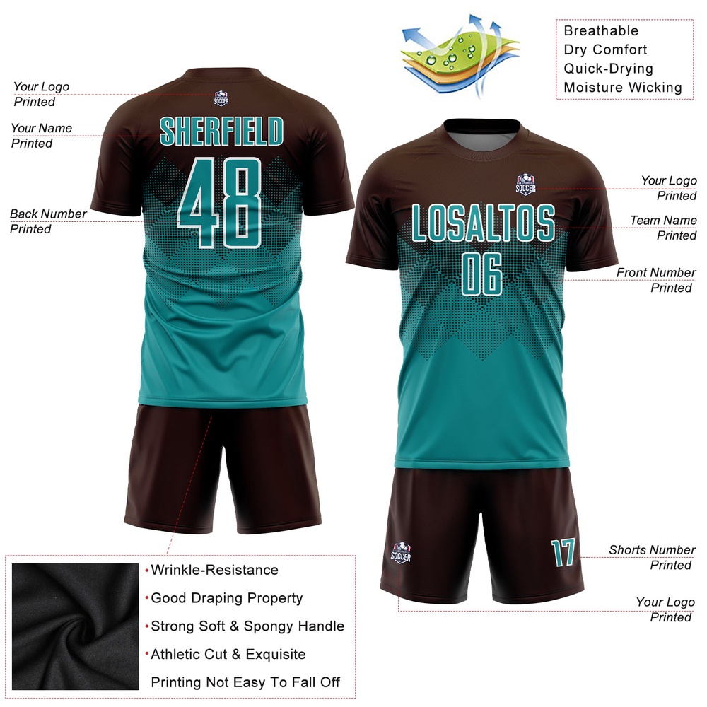 Brown Teal White Sublimation Soccer Uniform Jersey, Custom Team Soccer Jersey Shirt Brown Teal White Sublimation Soccer Uniform Jersey, Custom Team Soccer Jersey Shirt