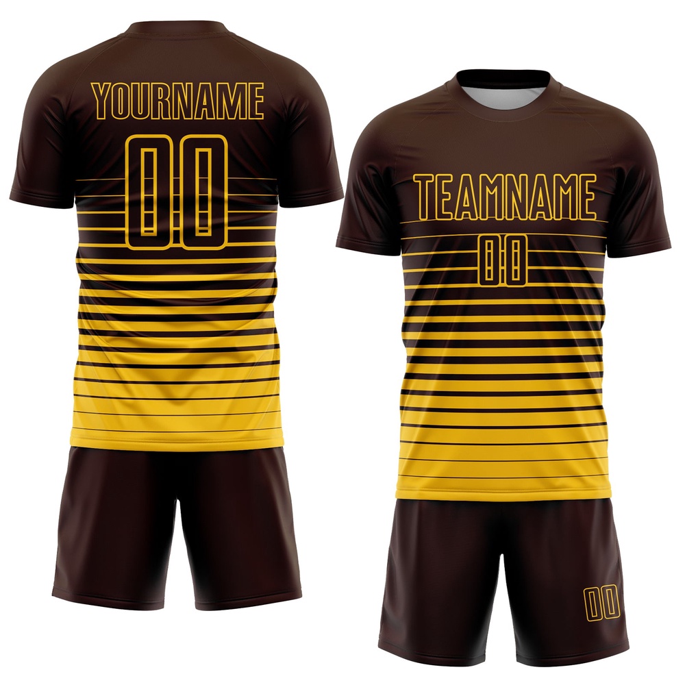 Brown Yellow Pinstripe Fade Fashion Sublimation Soccer Uniform Jersey, Custom Team Soccer Jersey Shirt Brown Yellow Pinstripe Fade Fashion Sublimation Soccer Uniform Jersey, Custom Team Soccer Jersey Shirt