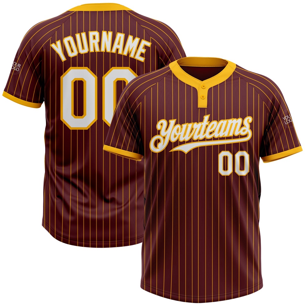 Burgundy Gold Pinstripe White Two Button Unisex Softball Jersey, Custom Team Softball Jersey