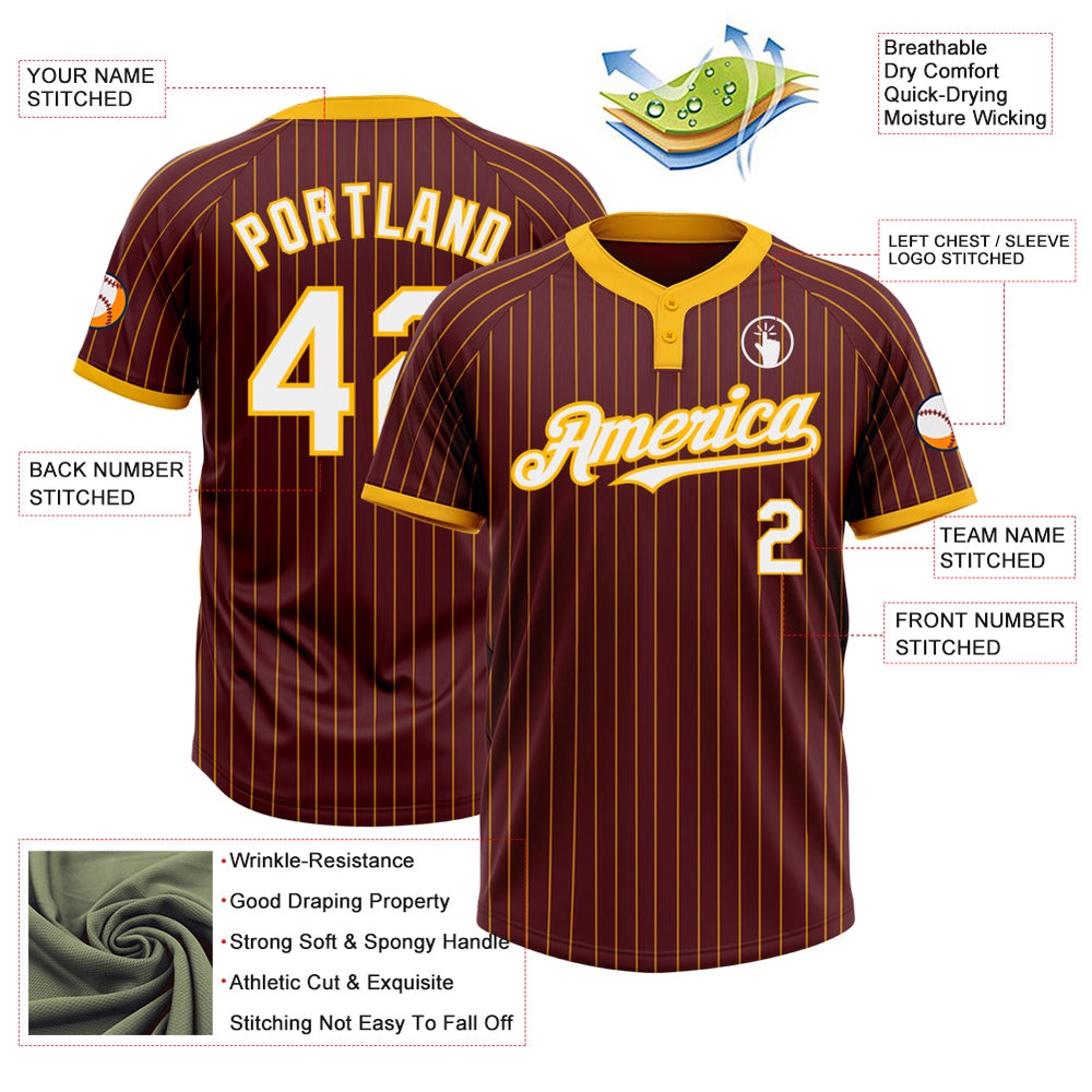 Burgundy Gold Pinstripe White Two Button Unisex Softball Jersey, Custom Team Softball Jersey