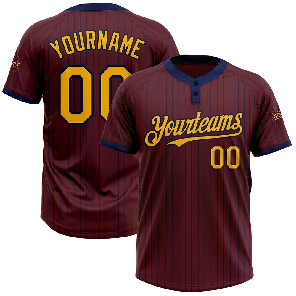 Burgundy Navy Pinstripe Gold Two Button Unisex Softball Jersey, Custom Team Softball Jersey