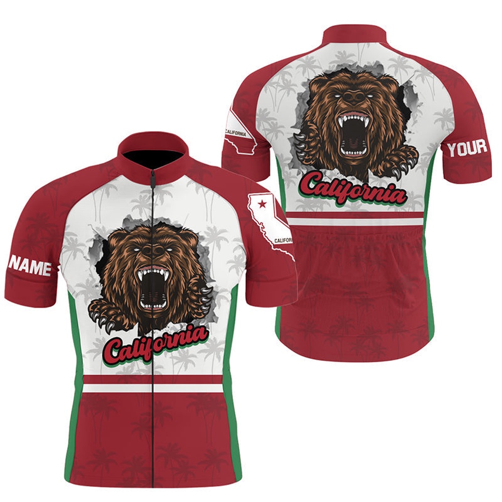 California Cycling Jersey Men Women With 3 Pockets Custom Bike Shirts Bear Bicycle Clothes, Custom Mono Cycling Jersey