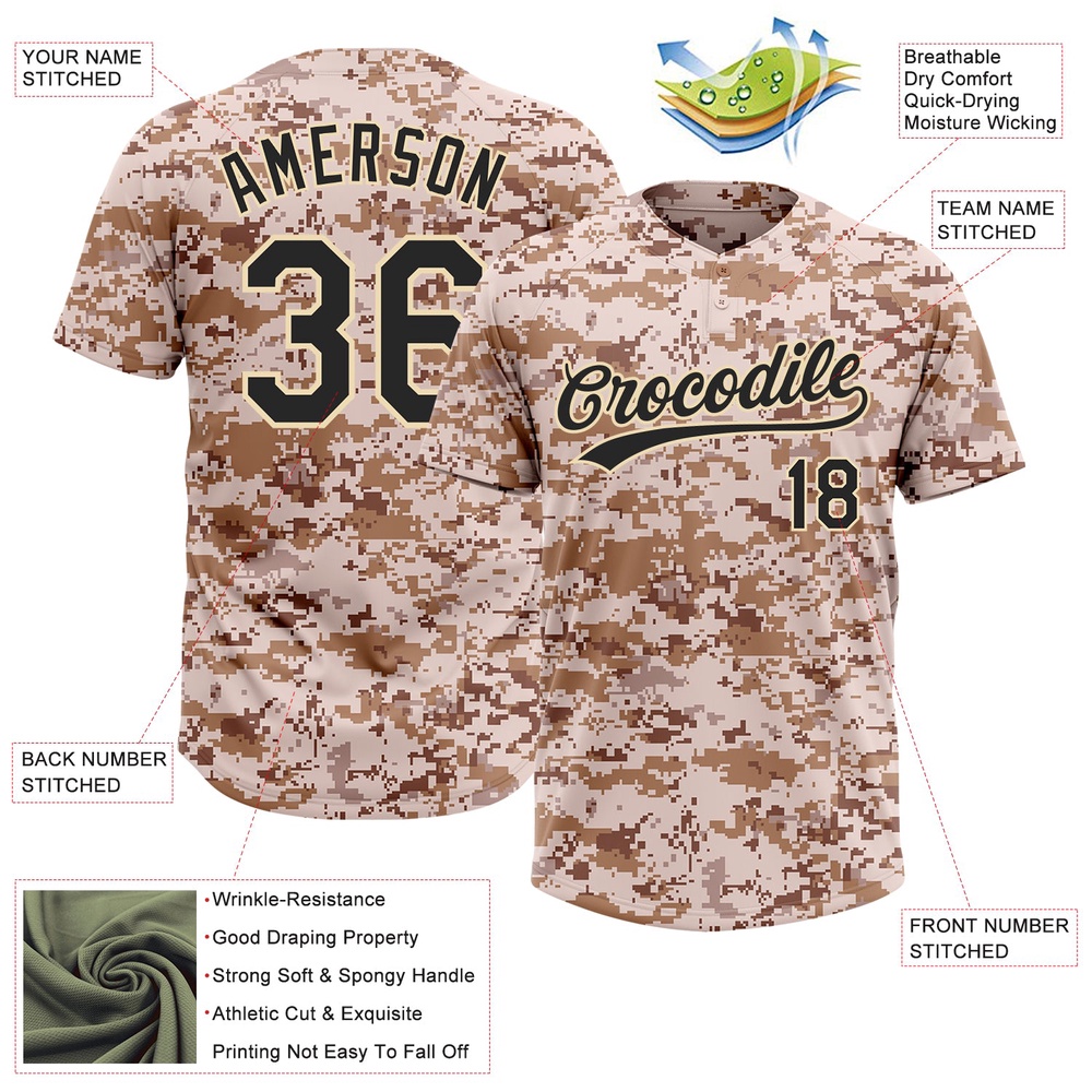 Camo Black Cream Salute To Service Two Button Unisex Softball Jersey, Custom Team Softball Jersey