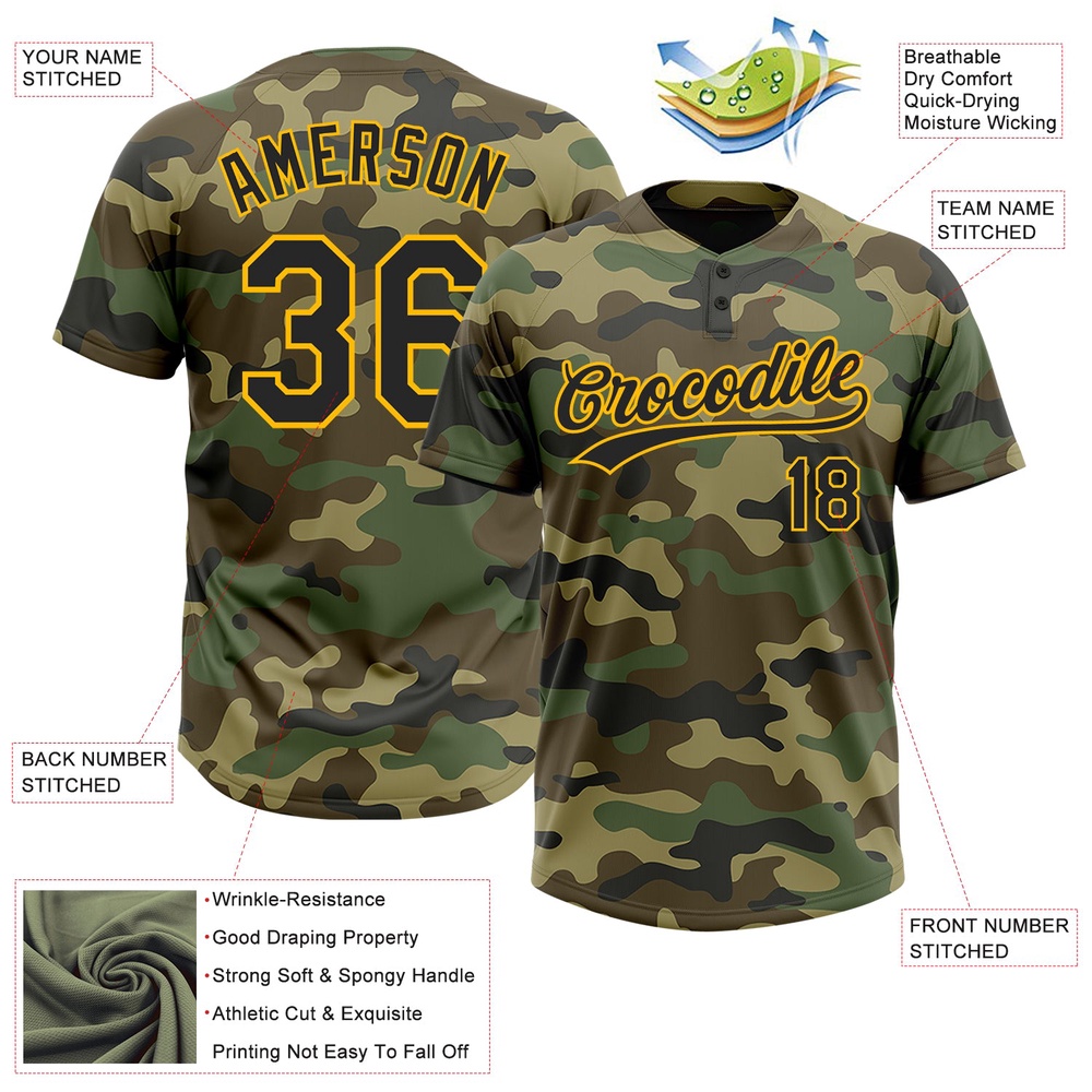 Camo Black Gold Salute To Service Two Button Unisex Softball Jersey, Custom Team Softball Jersey