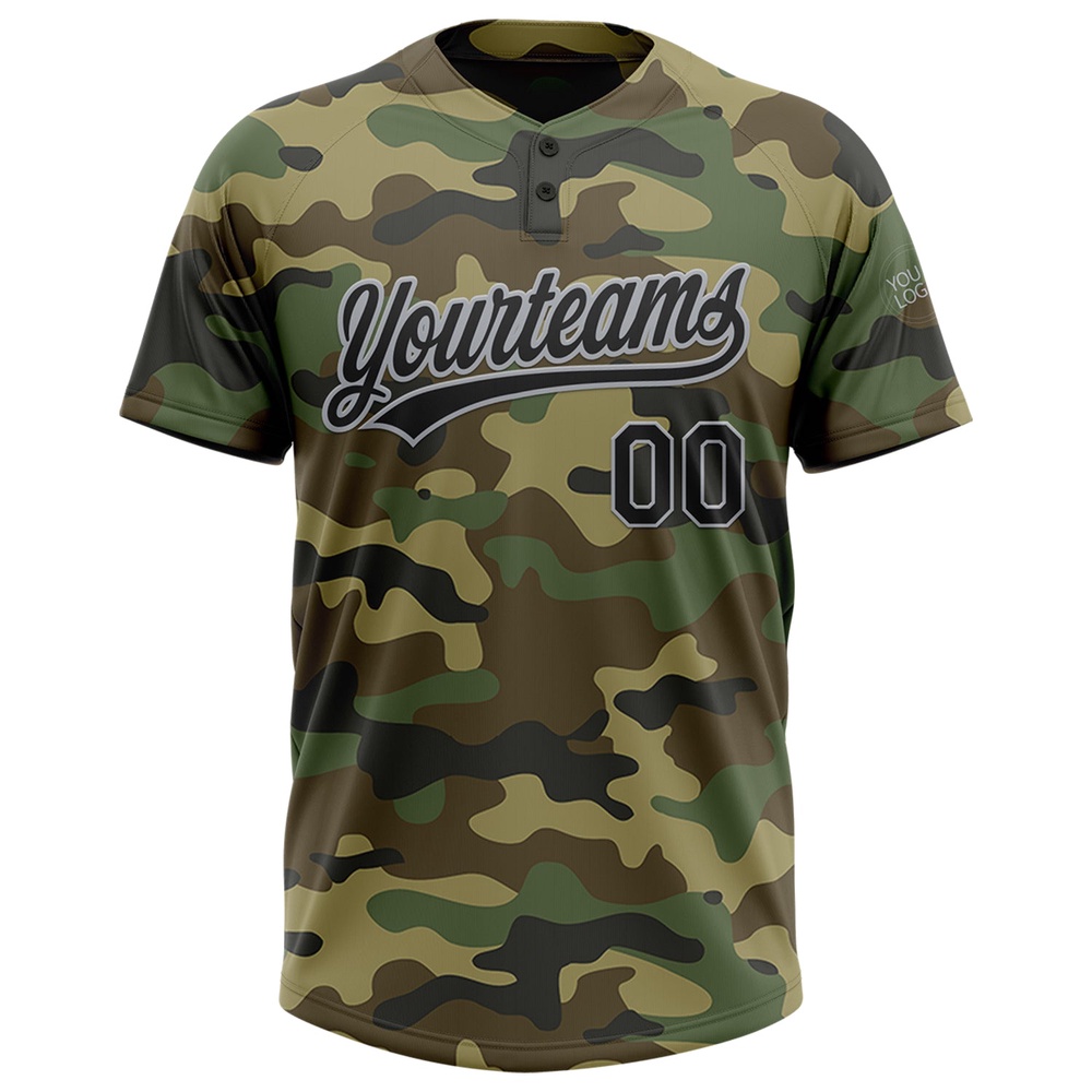 Camo Black Gray Salute To Service Two Button Unisex Softball Jersey, Custom Team Softball Jersey