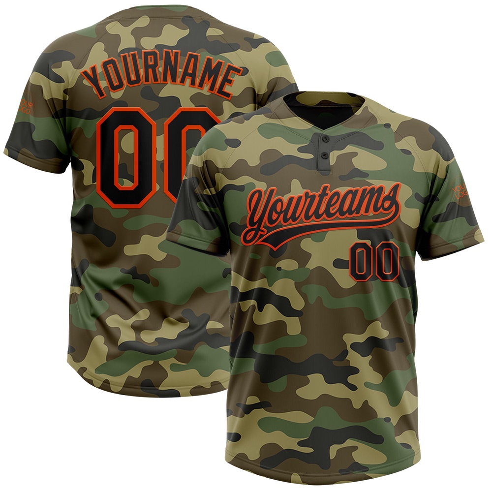Camo Black Orange Salute To Service Two Button Unisex Softball Jersey, Custom Team Softball Jersey Camo Black Orange Salute To Service Two Button Unisex Softball Jersey, Custom Team Softball Jersey