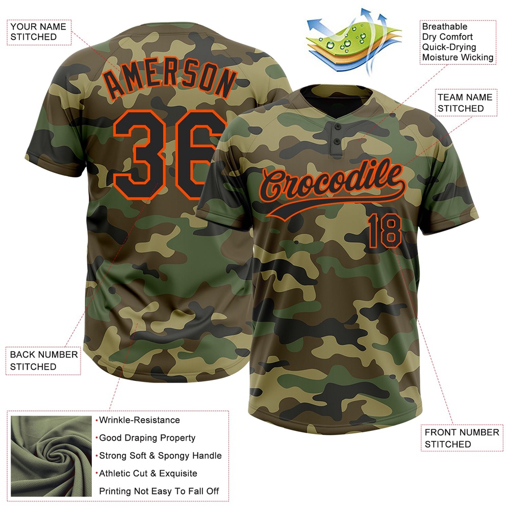 Camo Black Orange Salute To Service Two Button Unisex Softball Jersey, Custom Team Softball Jersey Camo Black Orange Salute To Service Two Button Unisex Softball Jersey, Custom Team Softball Jersey
