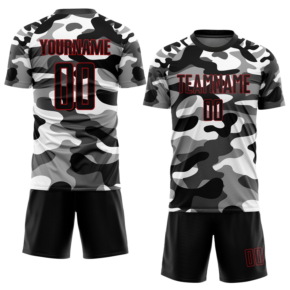 Camo Black Red Sublimation Salute To Service Soccer Uniform Jersey, Custom Team Soccer Jersey Shirt Camo Black Red Sublimation Salute To Service Soccer Uniform Jersey, Custom Team Soccer Jersey Shirt
