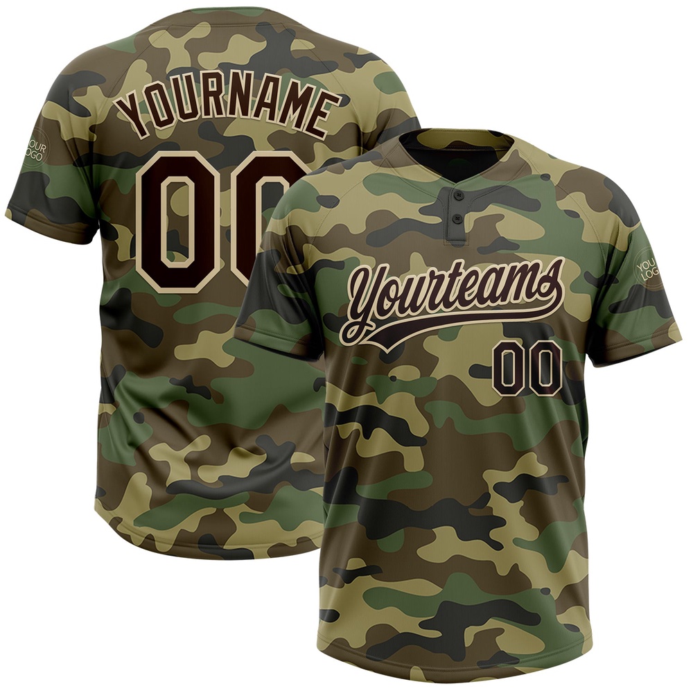 Camo Brown Cream Salute To Service Two Button Unisex Softball Jersey, Custom Team Softball Jersey