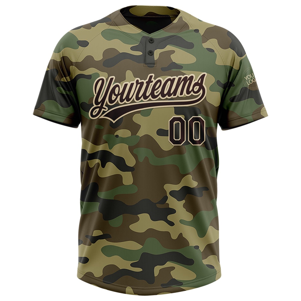 Camo Brown Cream Salute To Service Two Button Unisex Softball Jersey, Custom Team Softball Jersey