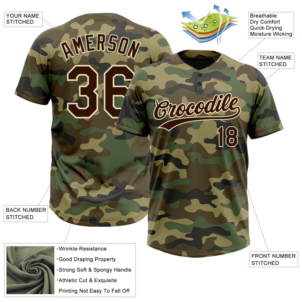 Camo Brown Cream Salute To Service Two Button Unisex Softball Jersey, Custom Team Softball Jersey
