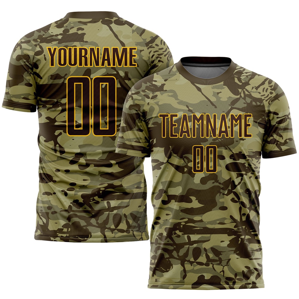 Camo Brown Gold Sublimation Salute To Service Soccer Uniform Jersey, Custom Team Soccer Jersey Shirt Camo Brown Gold Sublimation Salute To Service Soccer Uniform Jersey, Custom Team Soccer Jersey Shirt