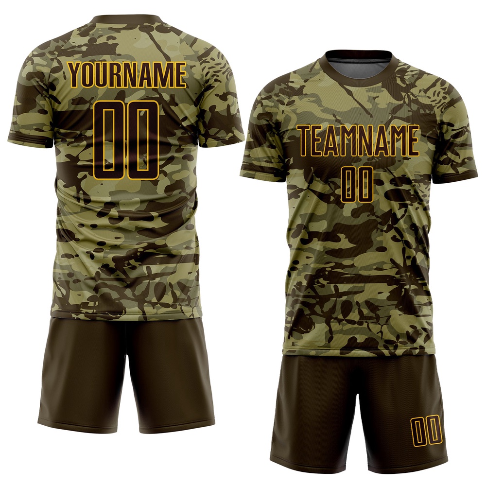 Camo Brown Gold Sublimation Salute To Service Soccer Uniform Jersey, Custom Team Soccer Jersey Shirt Camo Brown Gold Sublimation Salute To Service Soccer Uniform Jersey, Custom Team Soccer Jersey Shirt