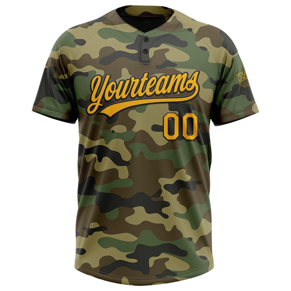 Camo Gold Black Salute To Service Two Button Unisex Softball Jersey, Custom Team Softball Jersey