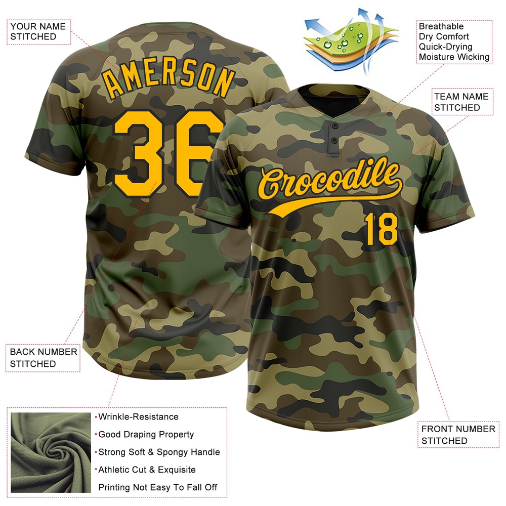 Camo Gold Black Salute To Service Two Button Unisex Softball Jersey, Custom Team Softball Jersey