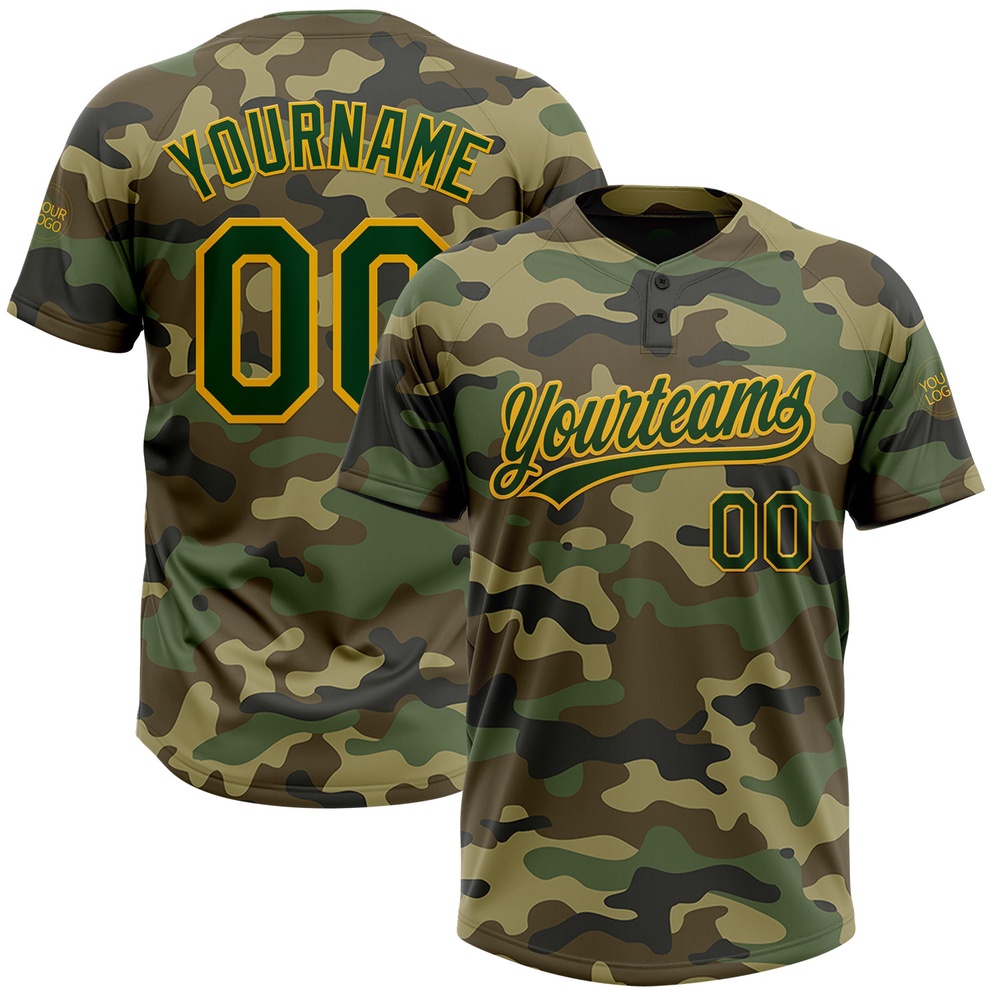 Camo Green Gold Salute To Service Two Button Unisex Softball Jersey, Custom Team Softball Jersey Camo Green Gold Salute To Service Two Button Unisex Softball Jersey, Custom Team Softball Jersey
