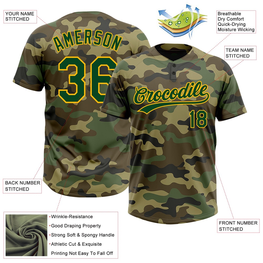 Camo Green Gold Salute To Service Two Button Unisex Softball Jersey, Custom Team Softball Jersey Camo Green Gold Salute To Service Two Button Unisex Softball Jersey, Custom Team Softball Jersey