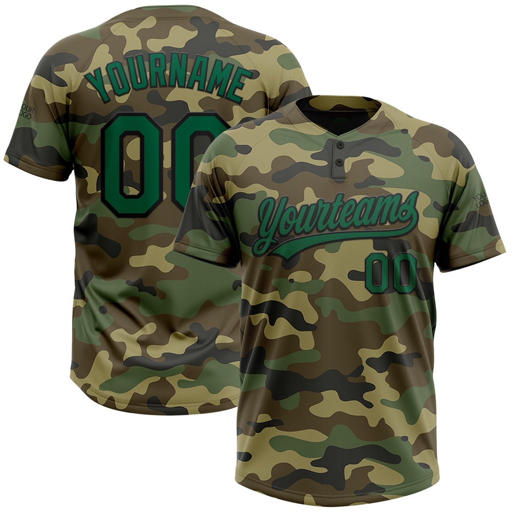 Camo Kelly Green Black Salute To Service Two Button Unisex Softball Jersey, Custom Team Softball Jersey Camo Kelly Green Black Salute To Service Two Button Unisex Softball Jersey, Custom Team Softball Jersey