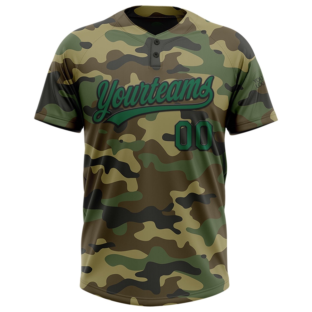 Camo Kelly Green Black Salute To Service Two Button Unisex Softball Jersey, Custom Team Softball Jersey Camo Kelly Green Black Salute To Service Two Button Unisex Softball Jersey, Custom Team Softball Jersey