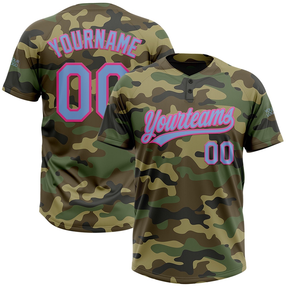 Camo Light Blue Pink Salute To Service Two Button Unisex Softball Jersey, Custom Team Softball Jersey