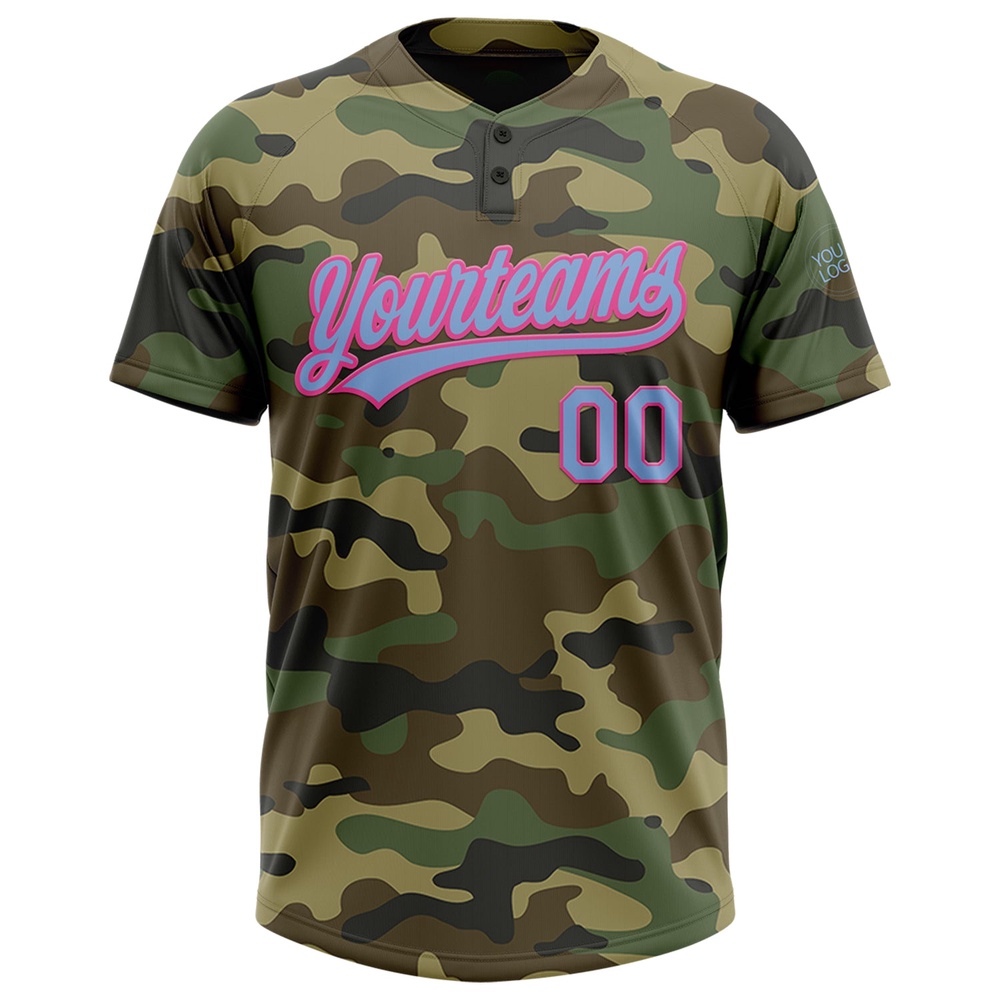Camo Light Blue Pink Salute To Service Two Button Unisex Softball Jersey, Custom Team Softball Jersey