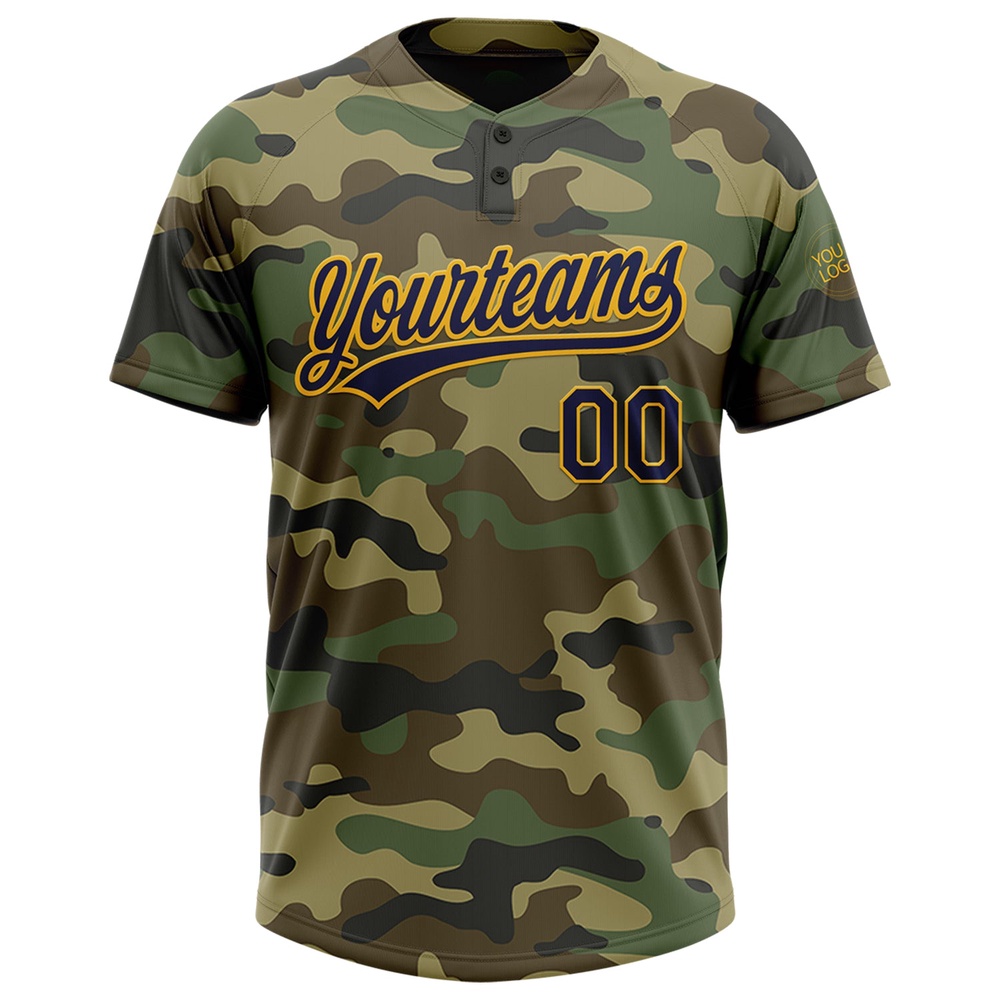 Camo Navy Gold Salute To Service Two Button Unisex Softball Jersey, Custom Team Softball Jersey