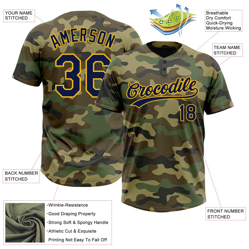 Camo Navy Gold Salute To Service Two Button Unisex Softball Jersey, Custom Team Softball Jersey