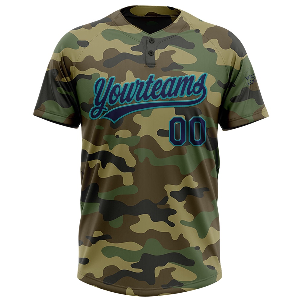 Camo Navy Teal Salute To Service Two Button Unisex Softball Jersey, Custom Team Softball Jersey