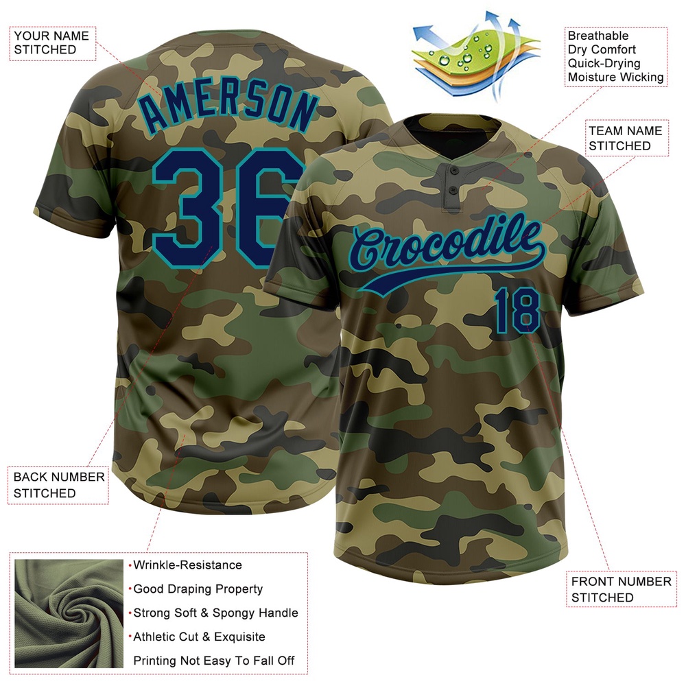 Camo Navy Teal Salute To Service Two Button Unisex Softball Jersey, Custom Team Softball Jersey