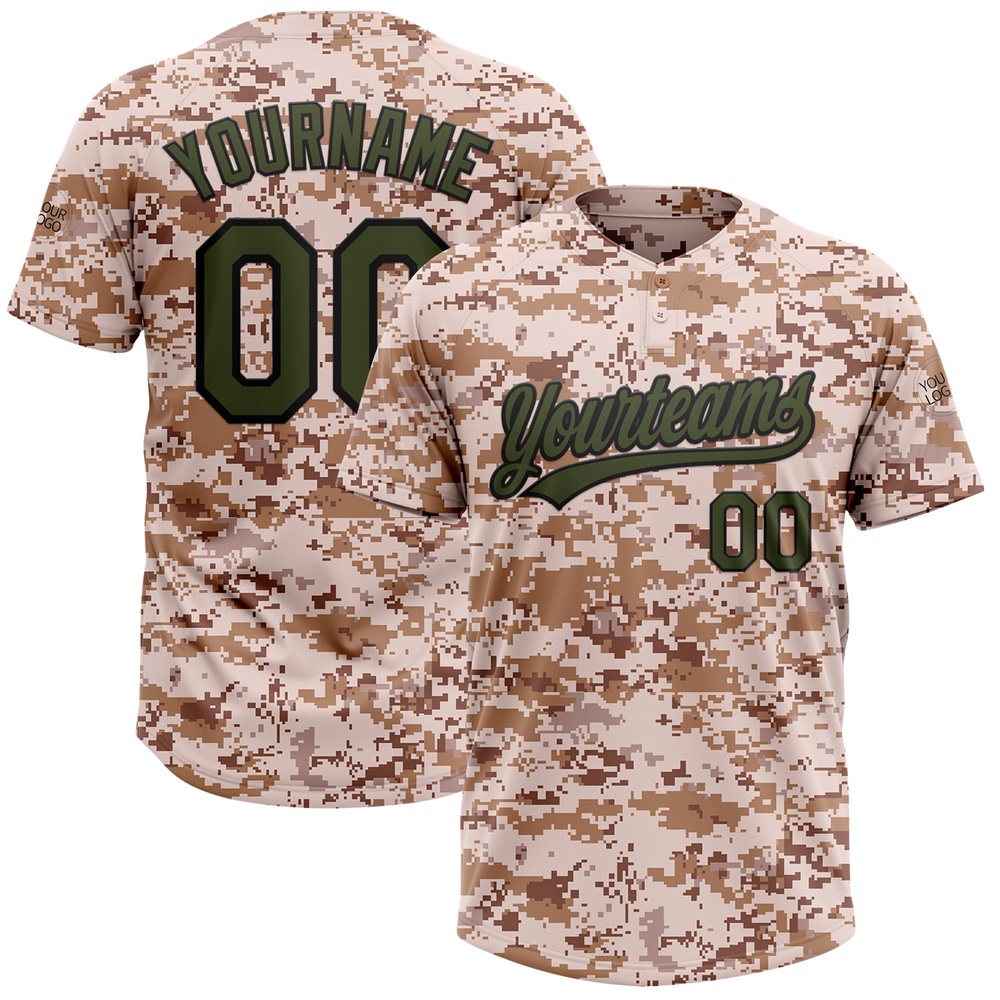 Camo Olive Black Salute To Service Two Button Unisex Softball Jersey, Custom Team Softball Jersey
