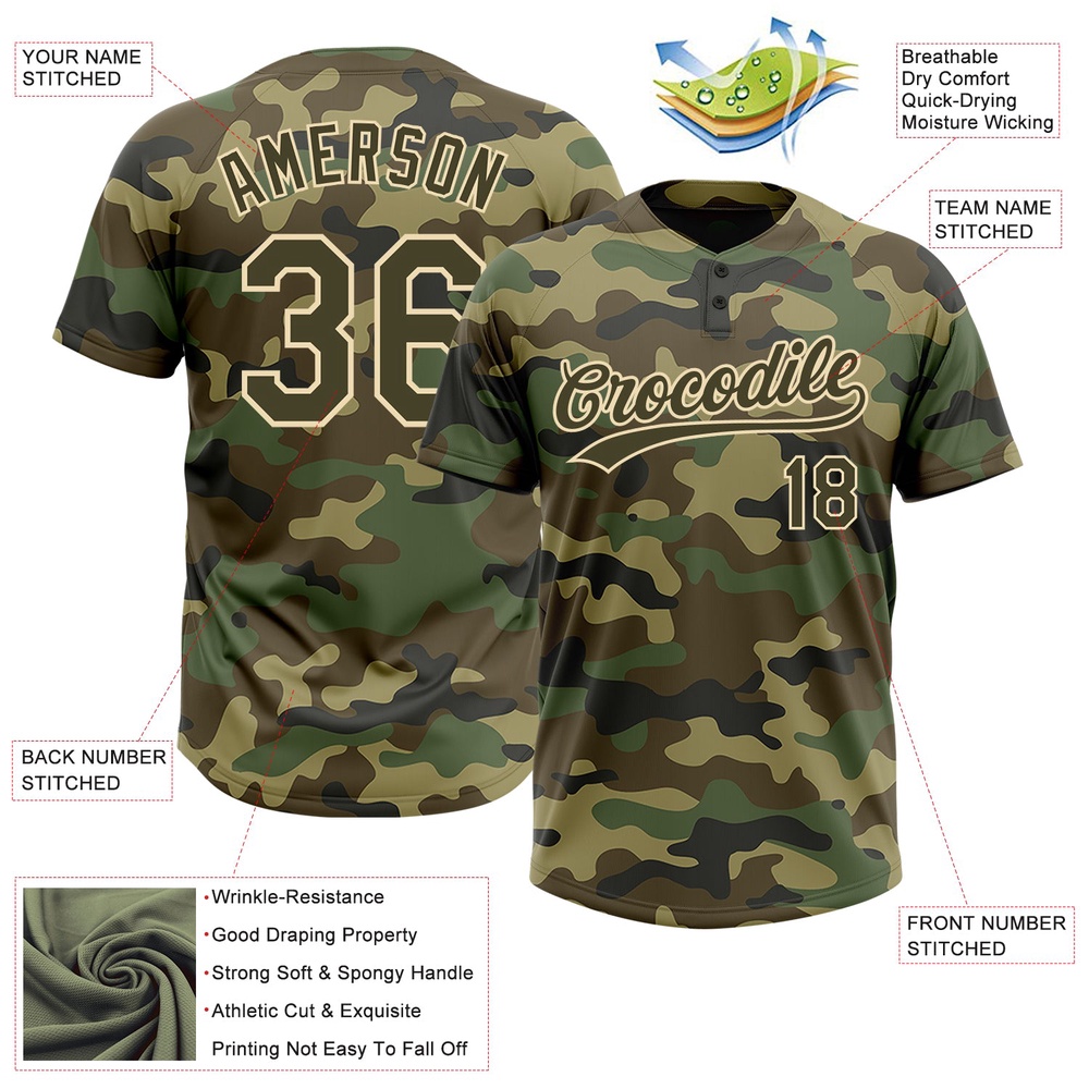 Camo Olive Cream Salute To Service Two Button Unisex Softball Jersey, Custom Team Softball Jersey Camo Olive Cream Salute To Service Two Button Unisex Softball Jersey, Custom Team Softball Jersey