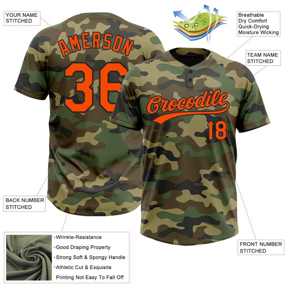 Camo Orange Black Salute To Service Two Button Unisex Softball Jersey, Custom Team Softball Jersey Camo Orange Black Salute To Service Two Button Unisex Softball Jersey, Custom Team Softball Jersey