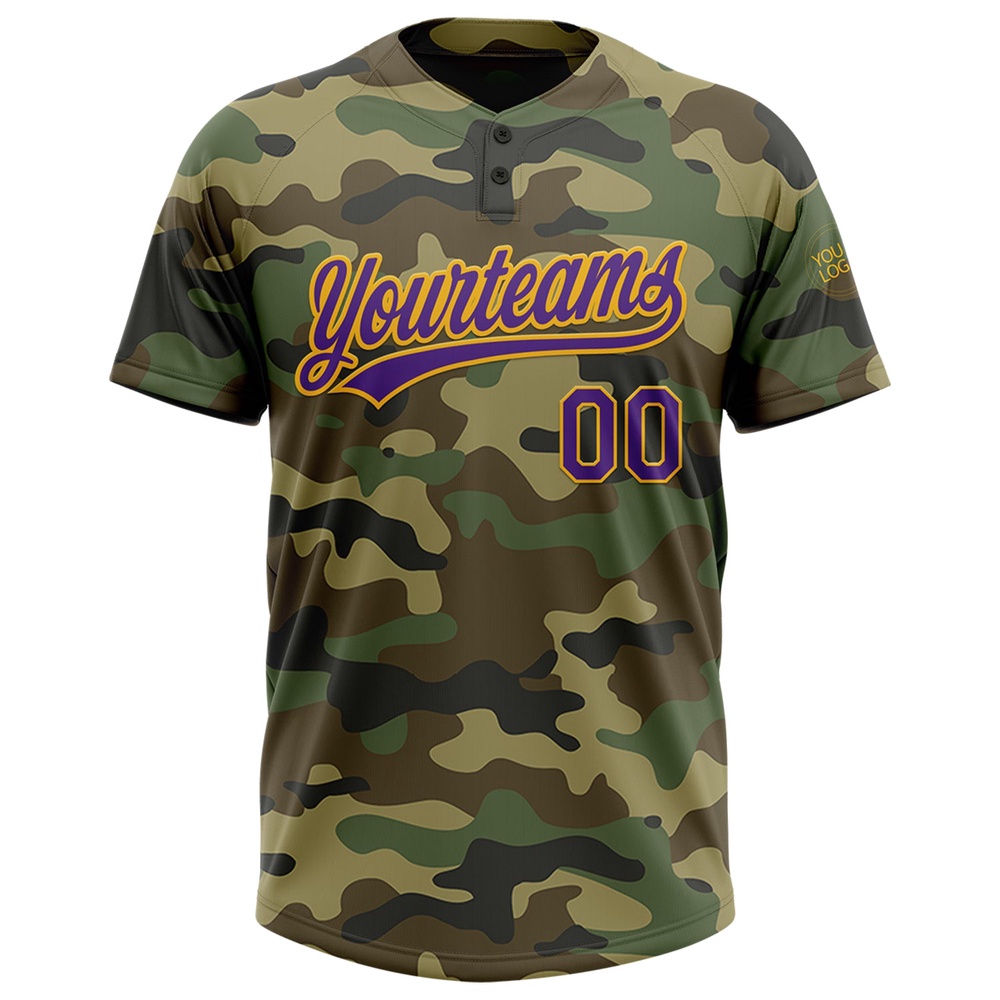 Camo Purple Gold Salute To Service Two Button Unisex Softball Jersey, Custom Team Softball Jersey Camo Purple Gold Salute To Service Two Button Unisex Softball Jersey, Custom Team Softball Jersey