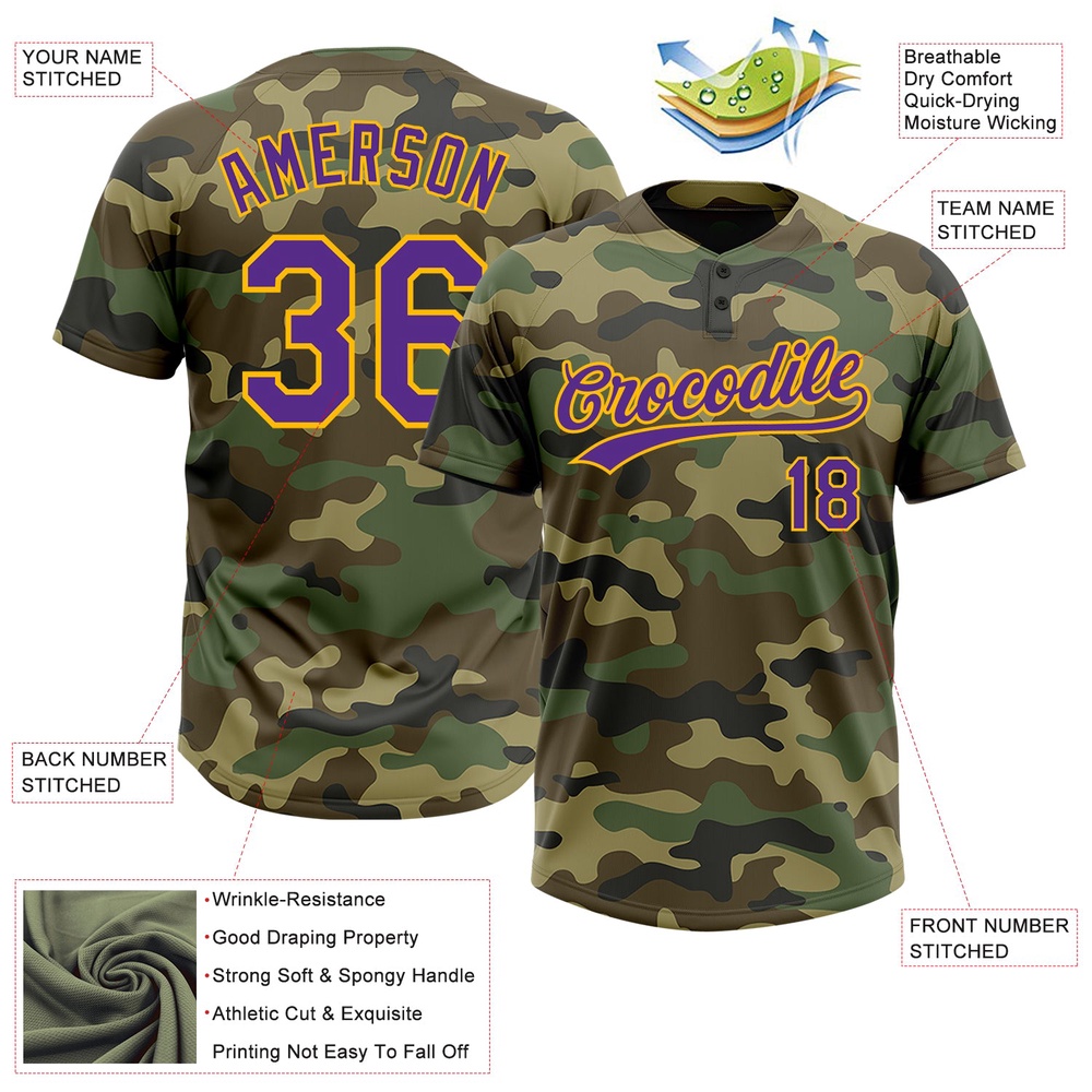 Camo Purple Gold Salute To Service Two Button Unisex Softball Jersey, Custom Team Softball Jersey Camo Purple Gold Salute To Service Two Button Unisex Softball Jersey, Custom Team Softball Jersey