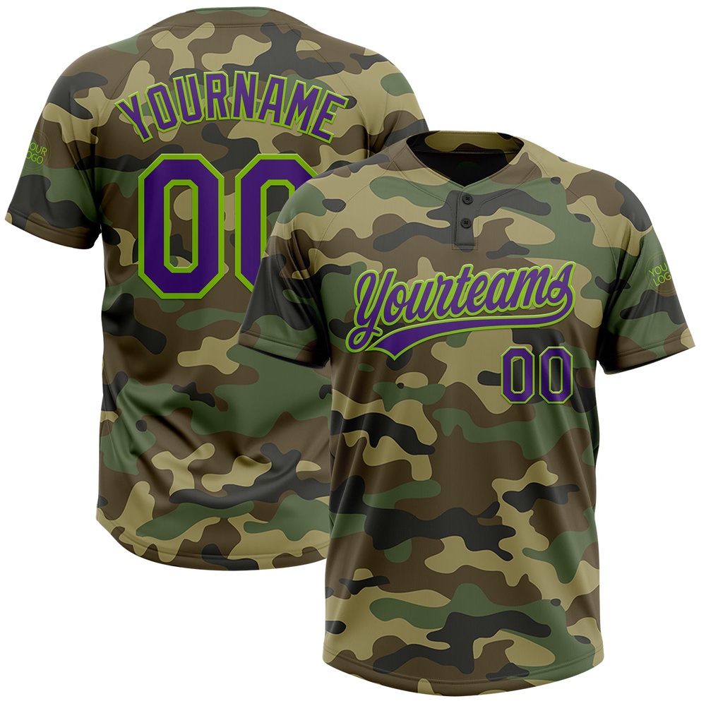 Camo Purple Neon Green Salute To Service Two Button Unisex Softball Jersey, Custom Team Softball Jersey
