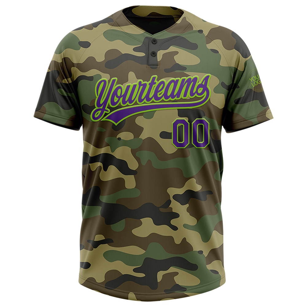 Camo Purple Neon Green Salute To Service Two Button Unisex Softball Jersey, Custom Team Softball Jersey
