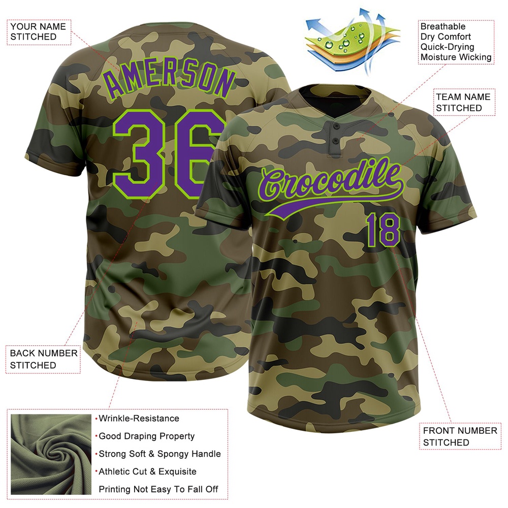 Camo Purple Neon Green Salute To Service Two Button Unisex Softball Jersey, Custom Team Softball Jersey