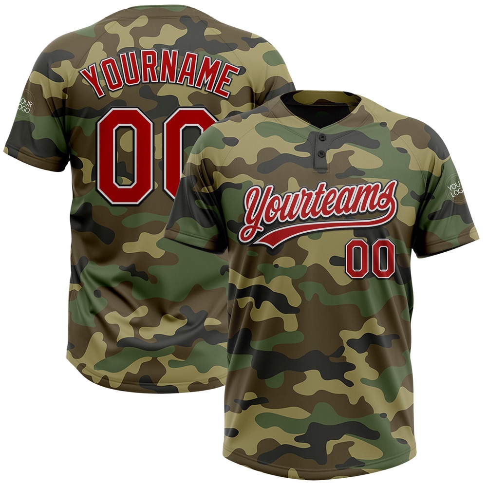 Camo Red Black Salute To Service Two Button Unisex Softball Jersey, Custom Team Softball Jersey