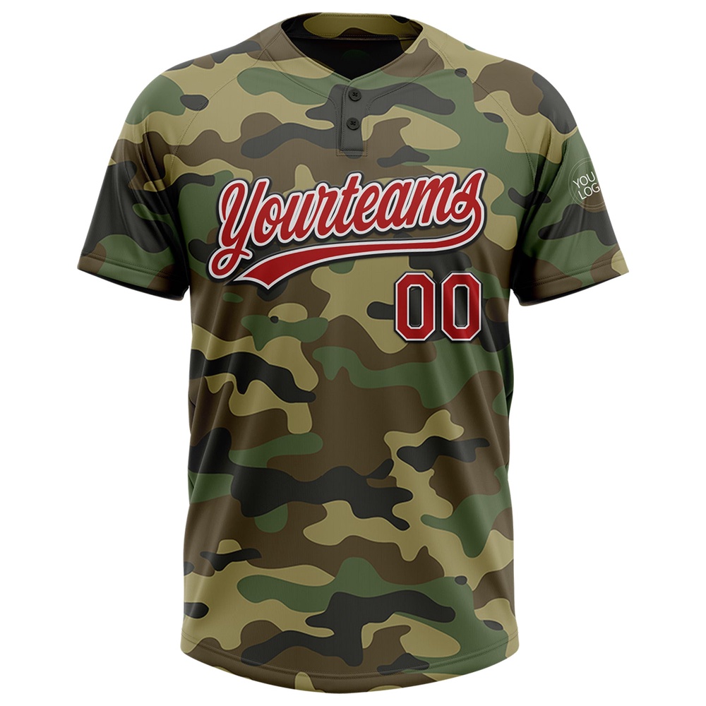 Camo Red Black Salute To Service Two Button Unisex Softball Jersey, Custom Team Softball Jersey