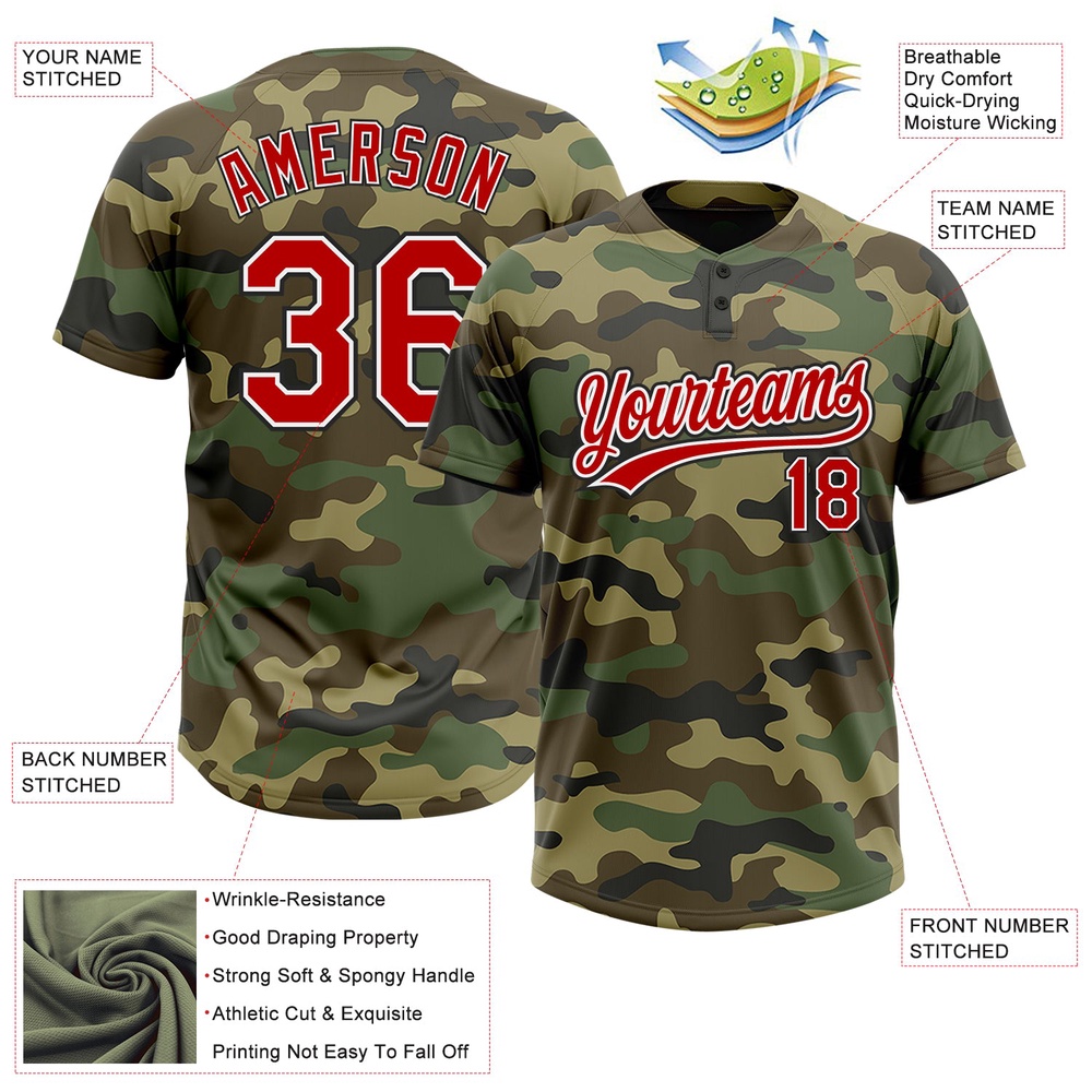 Camo Red Black Salute To Service Two Button Unisex Softball Jersey, Custom Team Softball Jersey