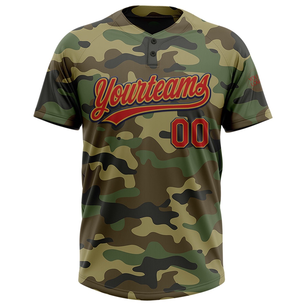 Camo Red Old Gold Navy Salute To Service Two Button Unisex Softball Jersey, Custom Team Softball Jersey Camo Red Old Gold Navy Salute To Service Two Button Unisex Softball Jersey, Custom Team Softball Jersey
