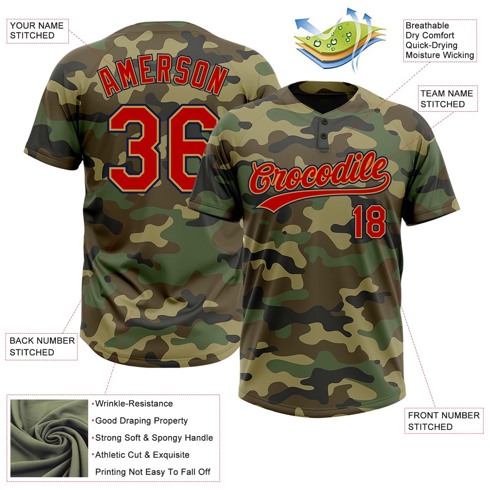 Camo Red Old Gold Navy Salute To Service Two Button Unisex Softball Jersey, Custom Team Softball Jersey Camo Red Old Gold Navy Salute To Service Two Button Unisex Softball Jersey, Custom Team Softball Jersey