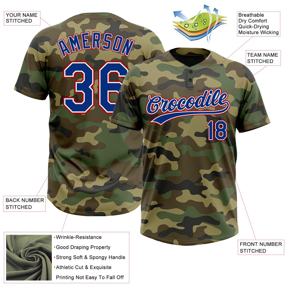 Camo Royal Red Salute To Service Two Button Unisex Softball Jersey, Custom Team Softball Jersey Camo Royal Red Salute To Service Two Button Unisex Softball Jersey, Custom Team Softball Jersey