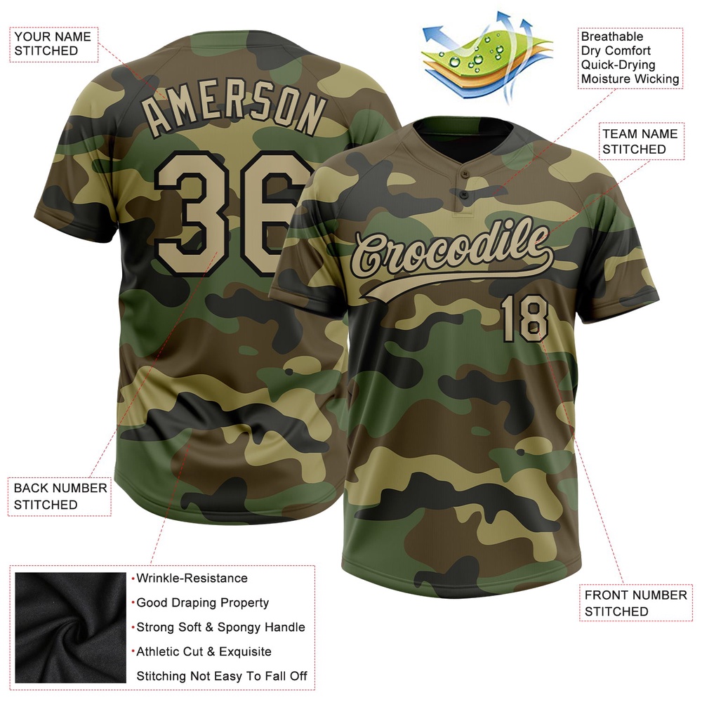 Camo Vegas Gold Black Salute To Service Two Button Unisex Softball Jersey, Custom Team Softball Jersey