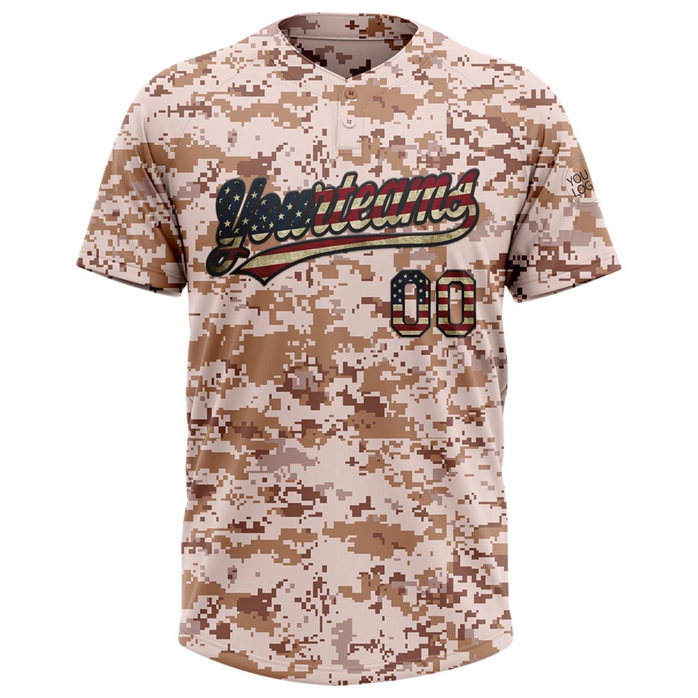 Camo Vintage USA Flag Black Salute To Service Two Button Unisex Softball Jersey, Custom Team Softball Jersey