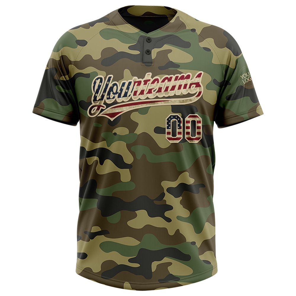 Camo Vintage USA Flag Cream Salute To Service Two Button Unisex Softball Jersey, Custom Team Softball Jersey