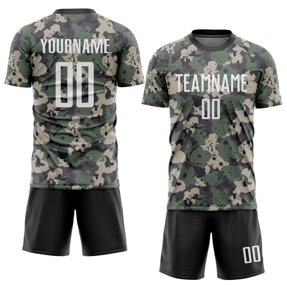Camo White Black Sublimation Salute To Service Soccer Uniform Jersey, Custom Team Soccer Jersey Shirt Camo White Black Sublimation Salute To Service Soccer Uniform Jersey, Custom Team Soccer Jersey Shirt