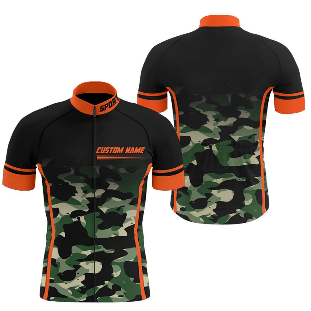 Camouflage Mens Cycling Jersey With Back Pockets Orange Bike Shirts Custom Bicycle Clothes, Custom Mono Cycling Jersey