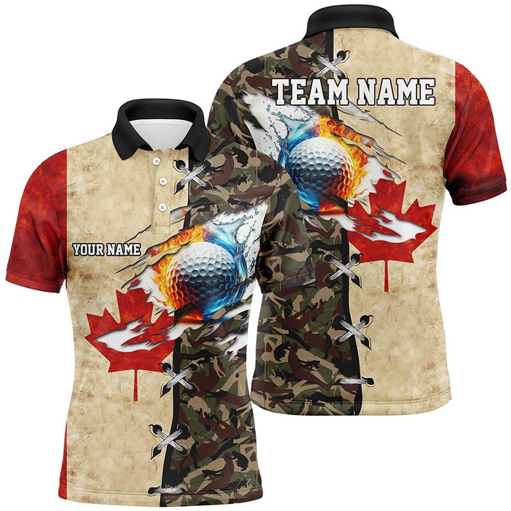 Canadian Flag Camo Men’s Golf Polo Shirts Custom Fire Water Golf Ball Team Golf Shirts, Golf Polo Shirt, Golf Shirts